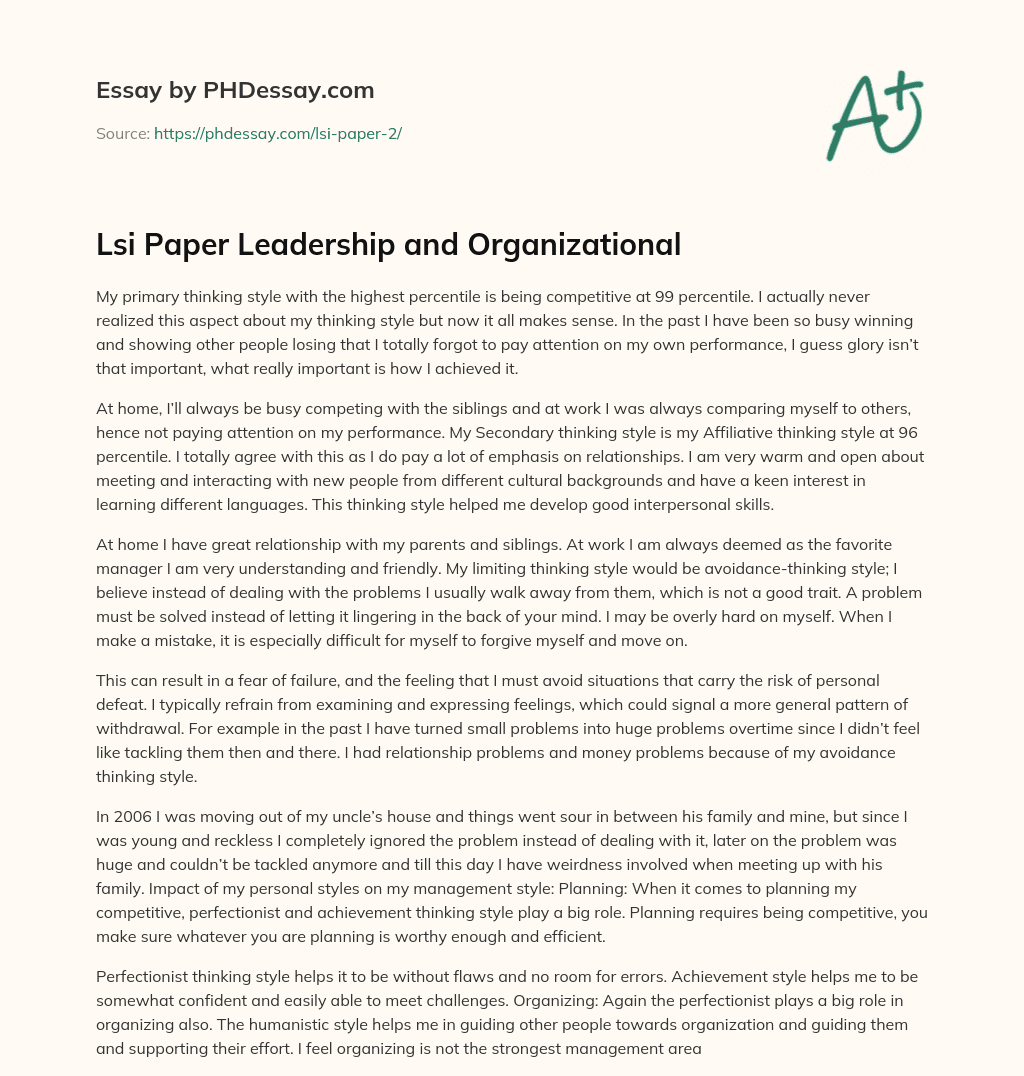 Lsi Paper Leadership and Organizational essay