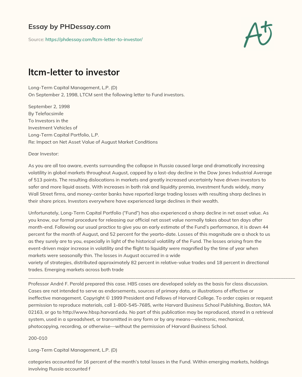 ltcm-letter to investor essay