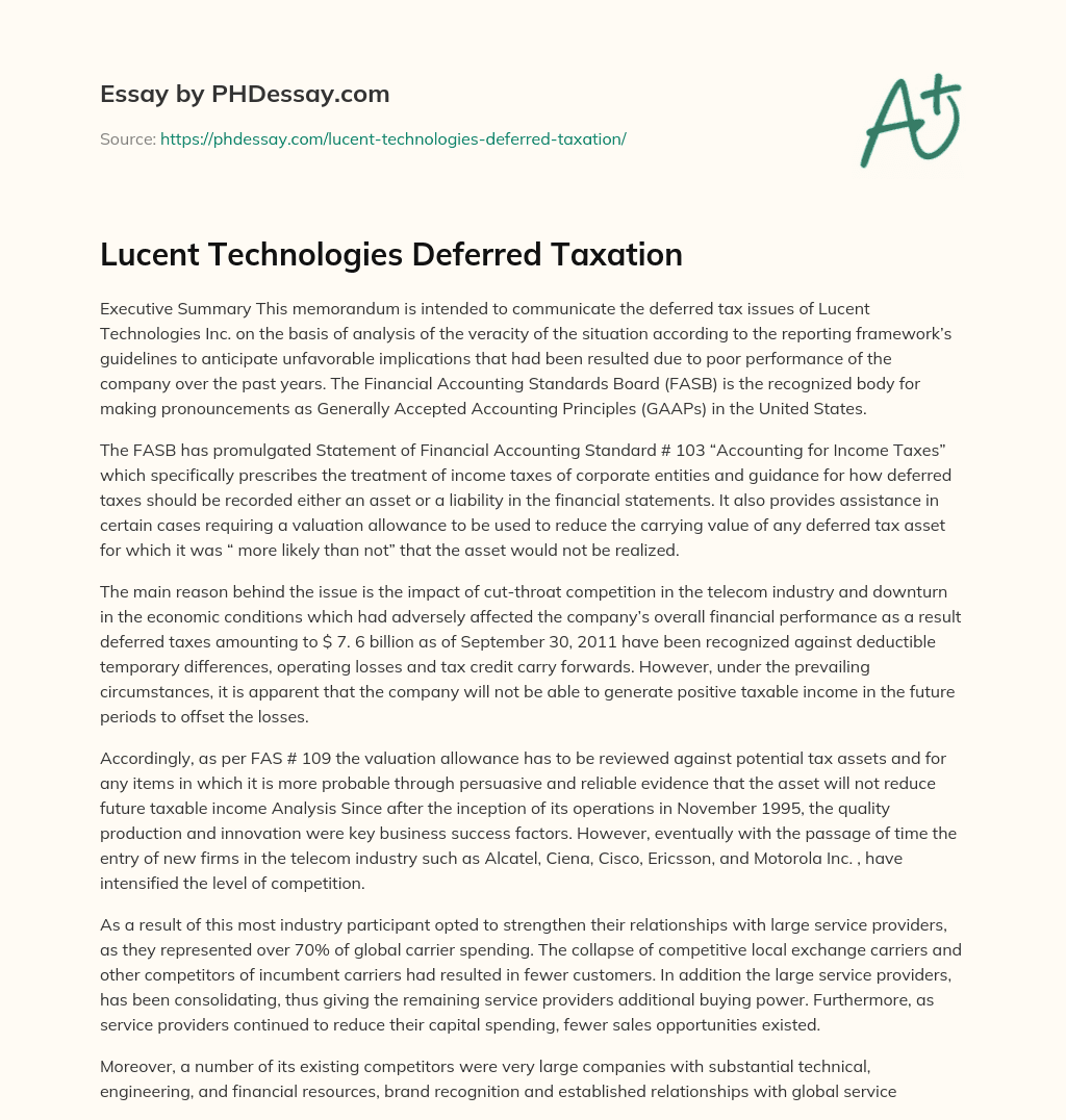 Lucent Technologies Deferred Taxation essay
