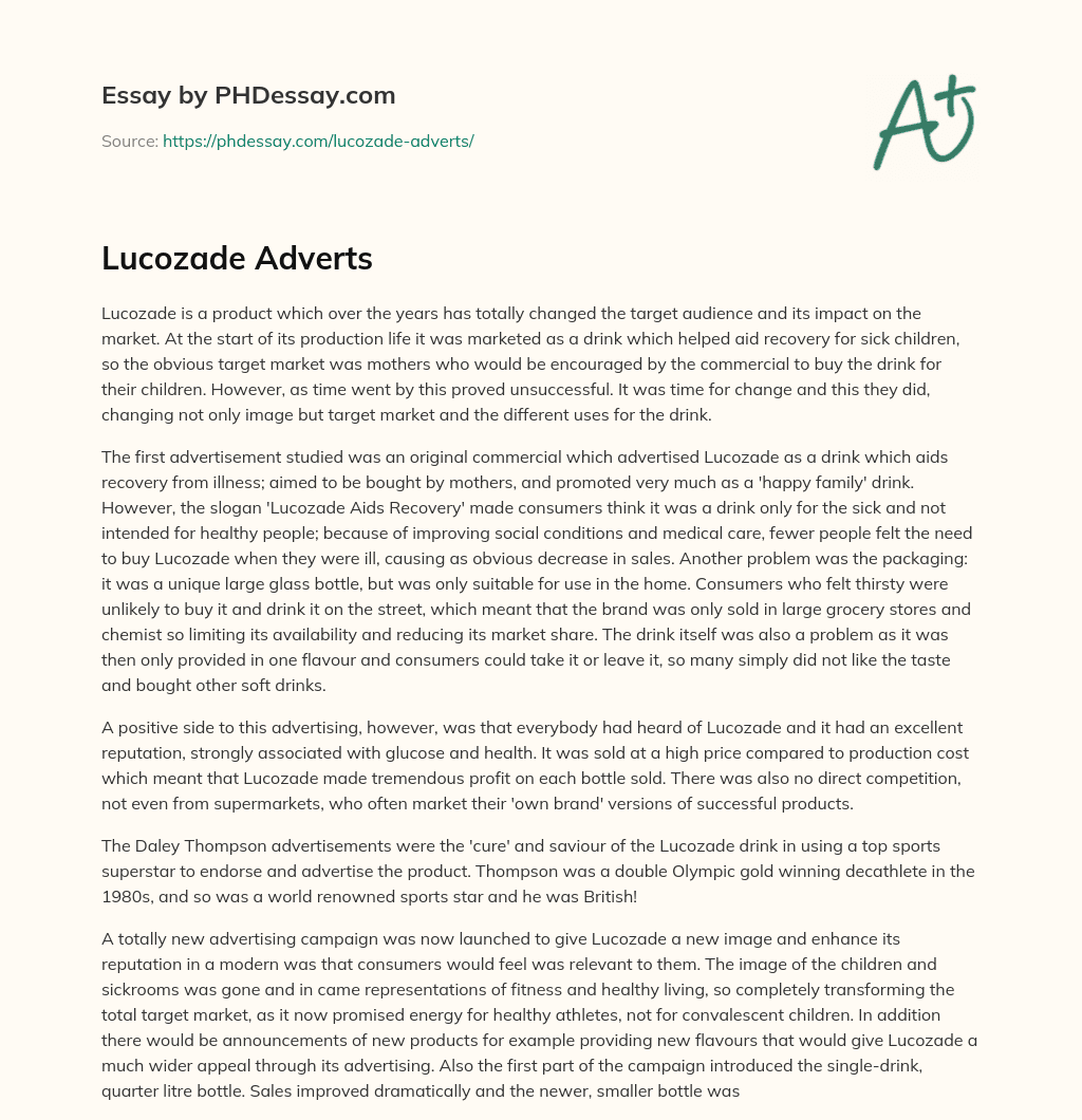 Lucozade Adverts essay