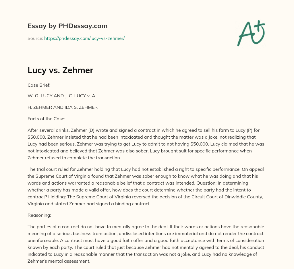 Lucy vs. Zehmer essay