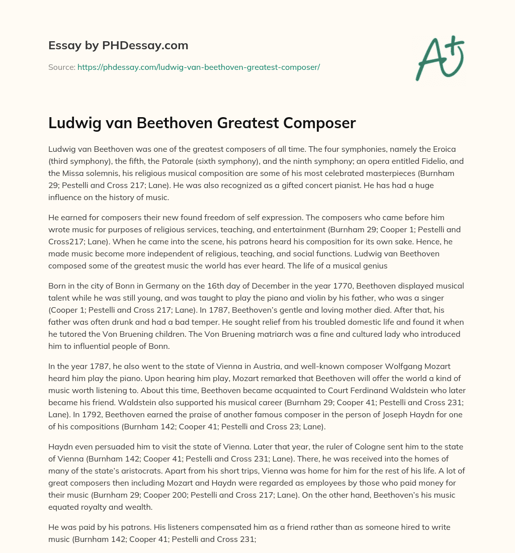 Ludwig van Beethoven Greatest Composer essay