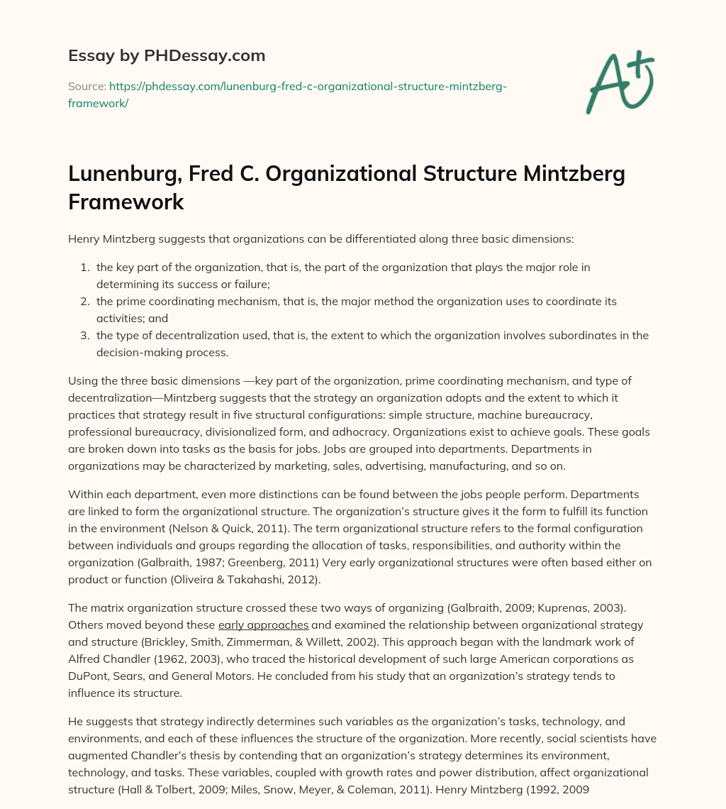Lunenburg, Fred C. Organizational Structure Mintzberg Framework essay