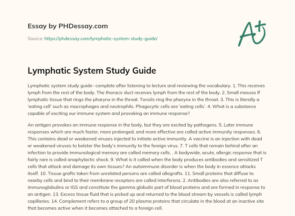 Lymphatic System Study Guide essay