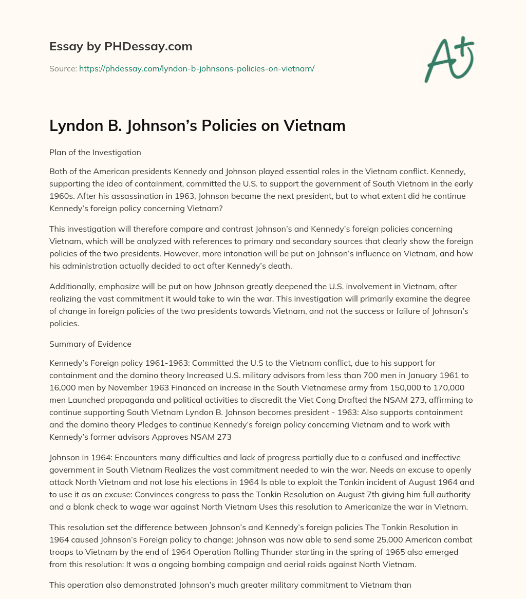 Lyndon B. Johnson’s Policies on Vietnam essay
