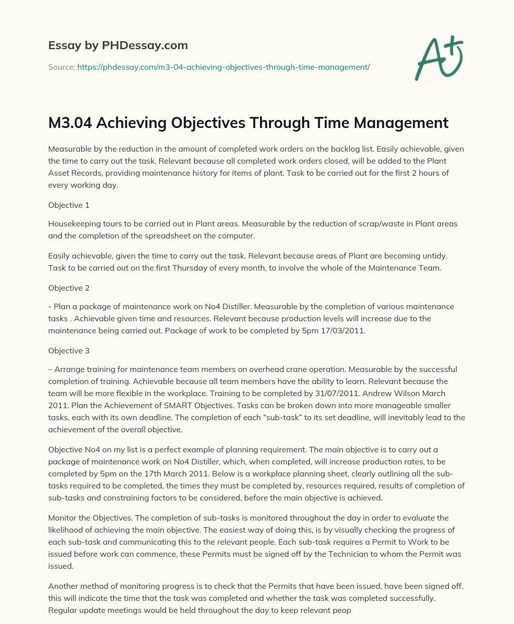M3.04 Achieving Objectives Through Time Management essay
