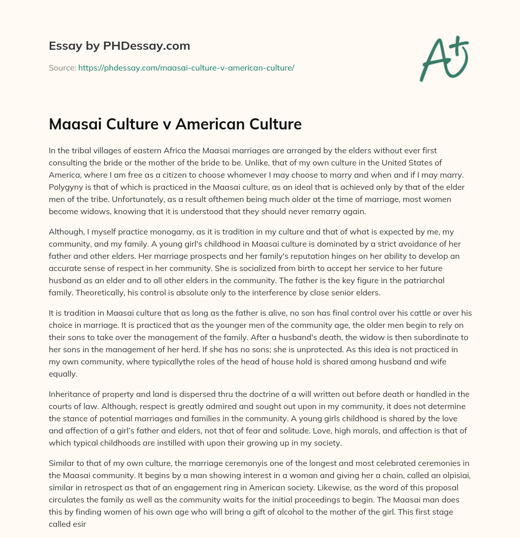 Maasai Culture v American Culture essay