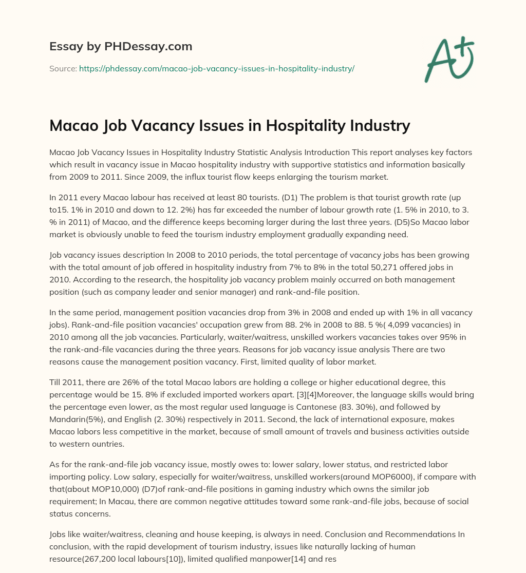 Macao Job Vacancy Issues in Hospitality Industry essay