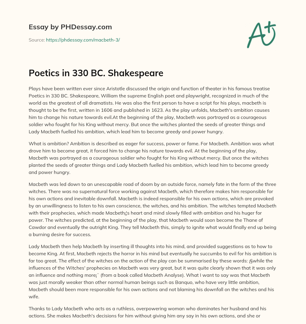 Poetics in 330 BC. Shakespeare essay
