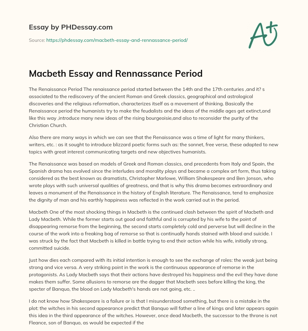 Macbeth Essay and Rennassance Period essay