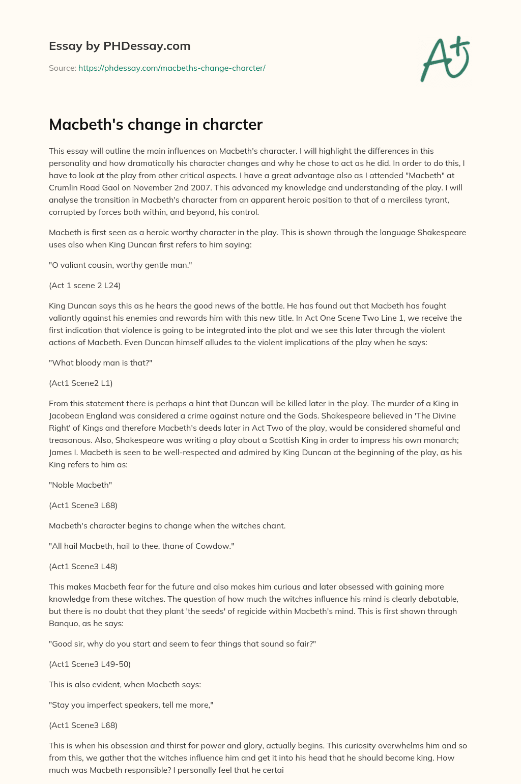 Macbeth’s change in charcter essay