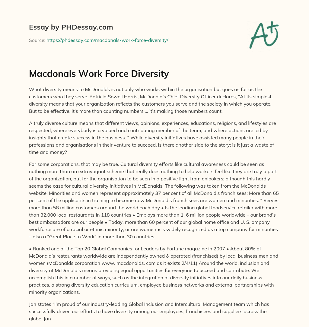 Macdonals Work Force Diversity essay