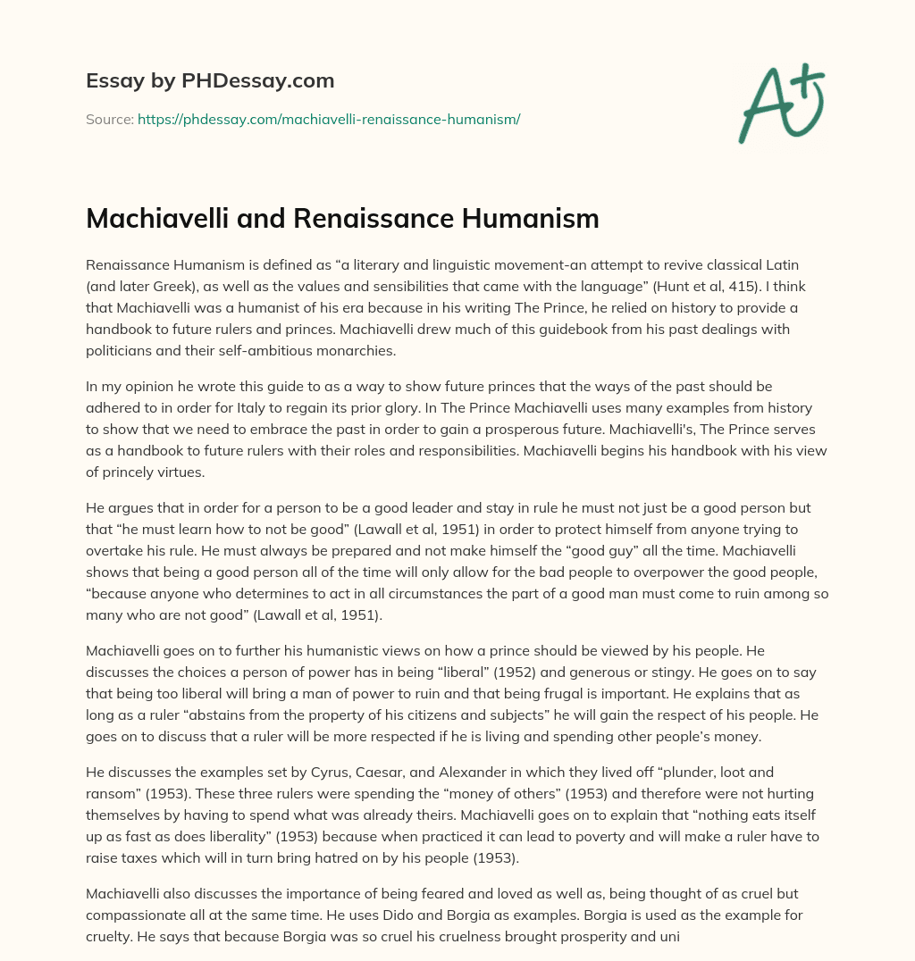 Machiavelli and Renaissance Humanism essay