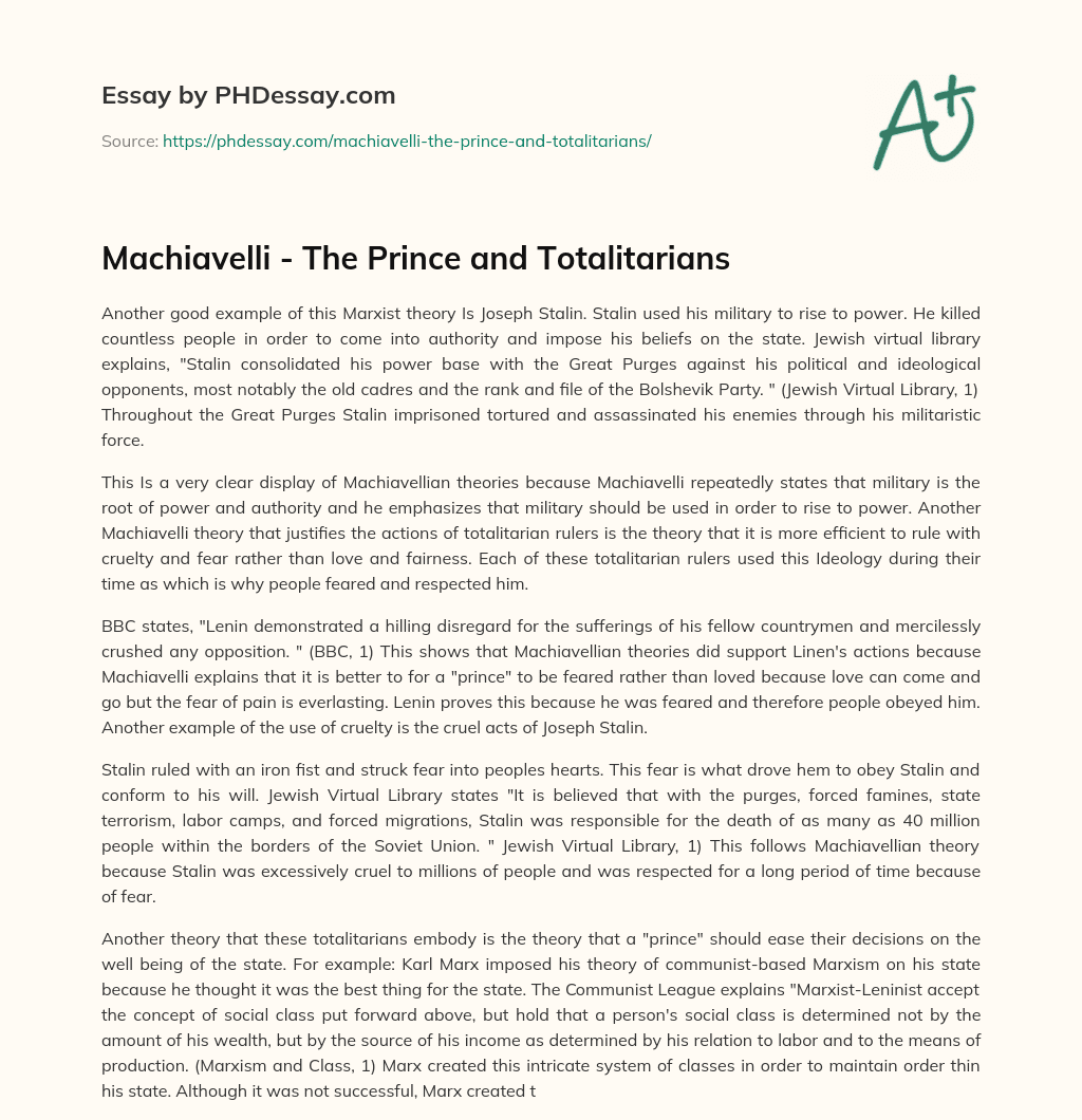 Machiavelli – The Prince and Totalitarians essay
