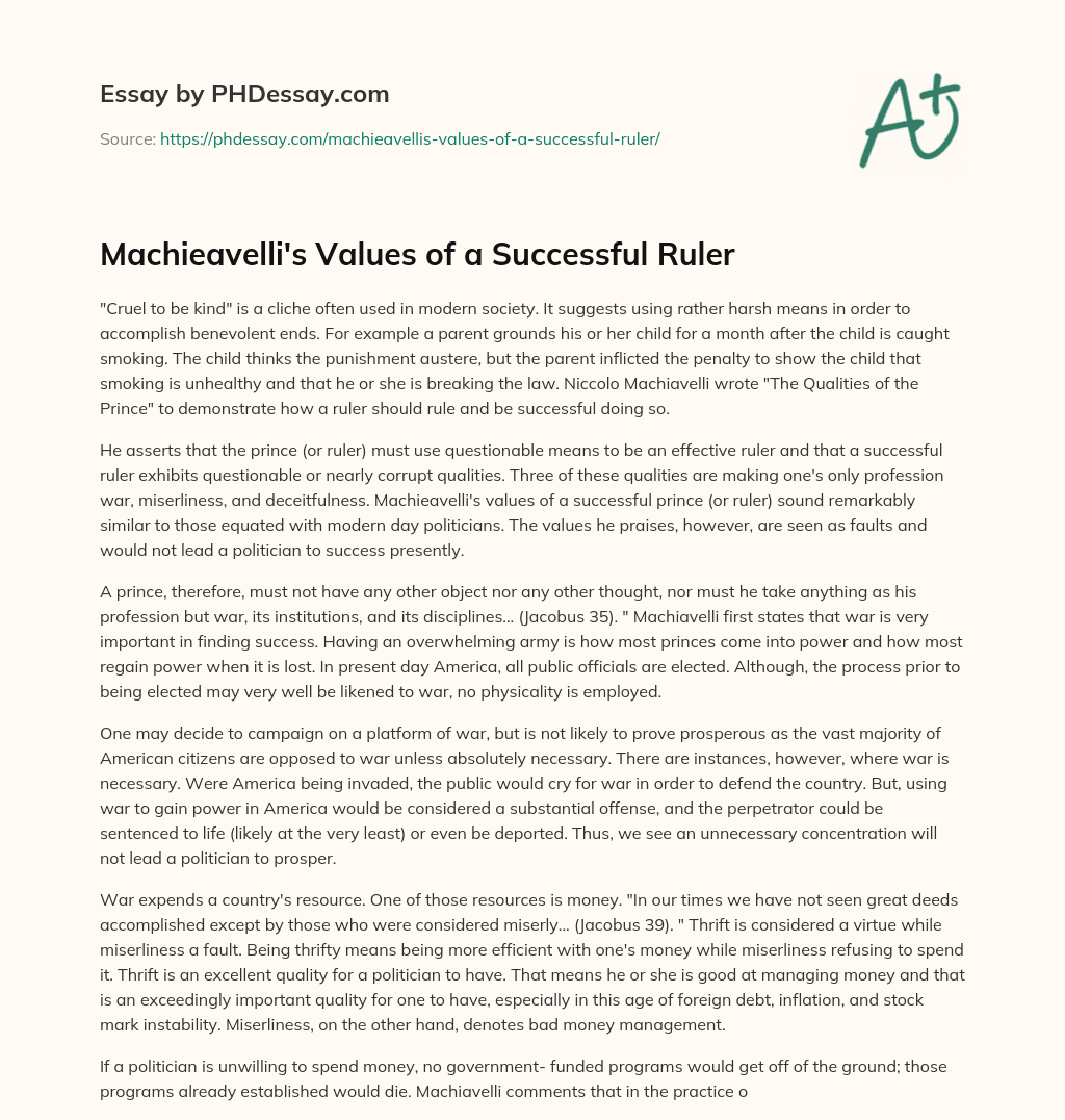 Machieavelli’s Values of a Successful Ruler essay