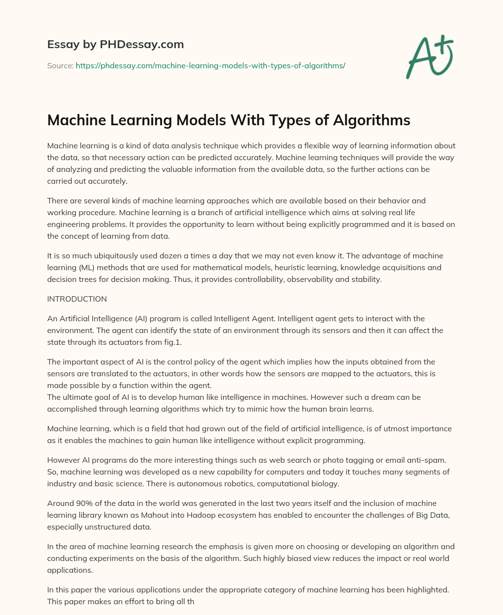 Machine Learning Models With Types of Algorithms - PHDessay.com