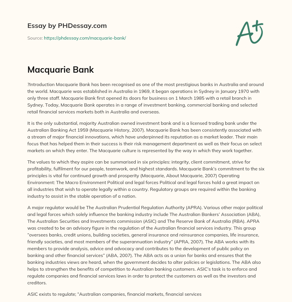 Macquarie Bank essay