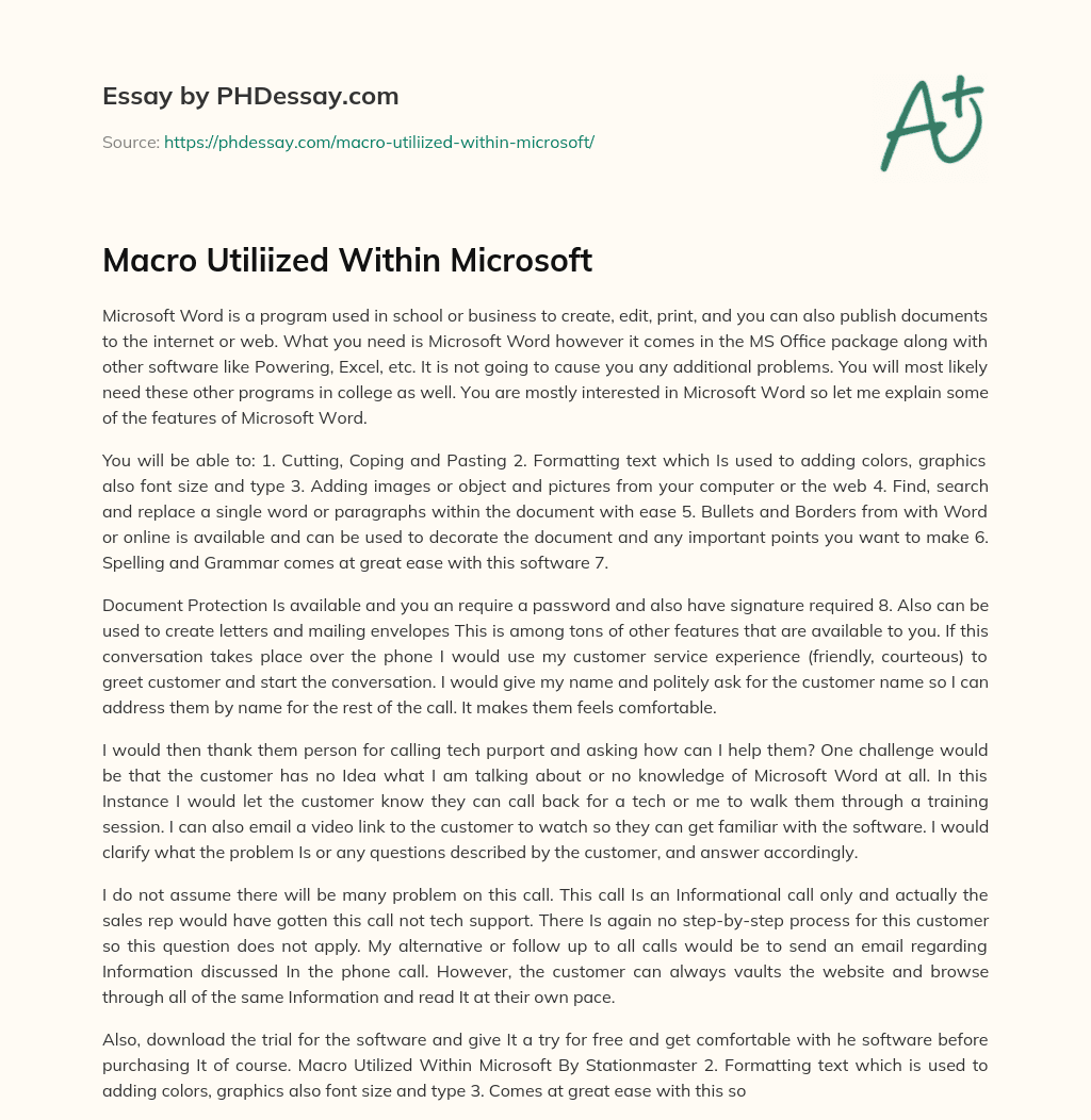 Macro Utiliized Within Microsoft essay
