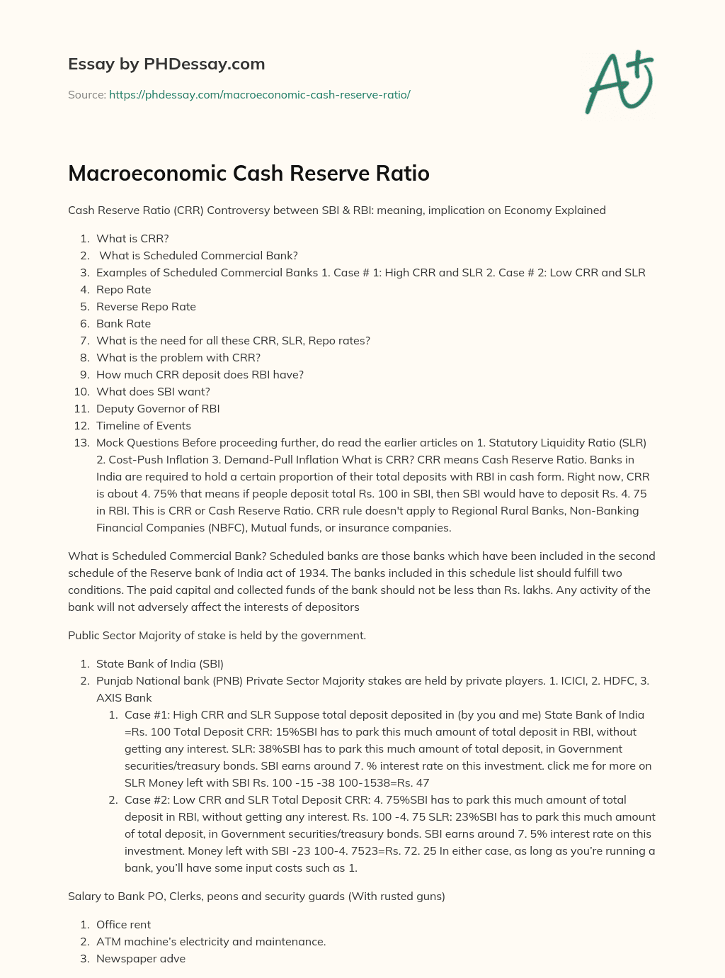 Macroeconomic Cash Reserve Ratio essay