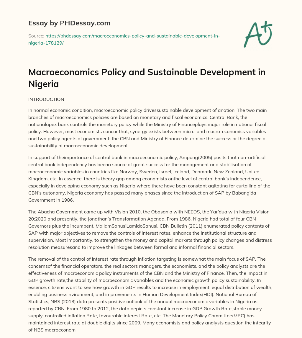 Macroeconomics Policy and Sustainable Development in Nigeria essay