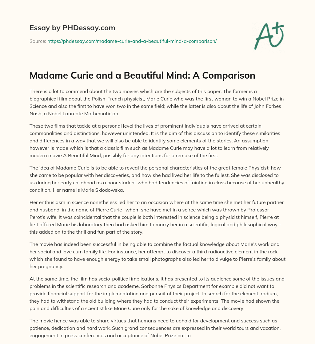 Madame Curie and a Beautiful Mind: A Comparison essay