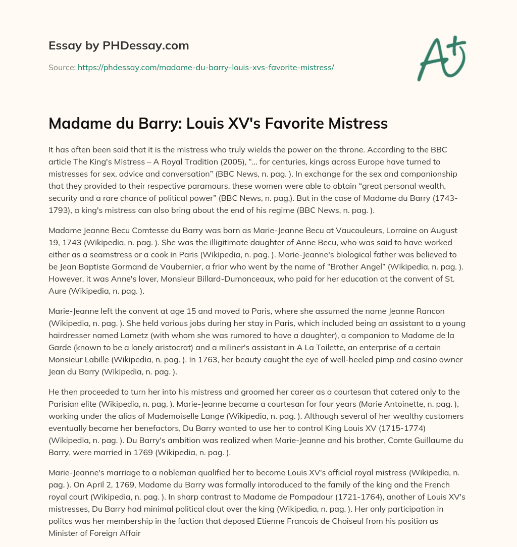Madame du Barry: Louis XV’s Favorite Mistress essay