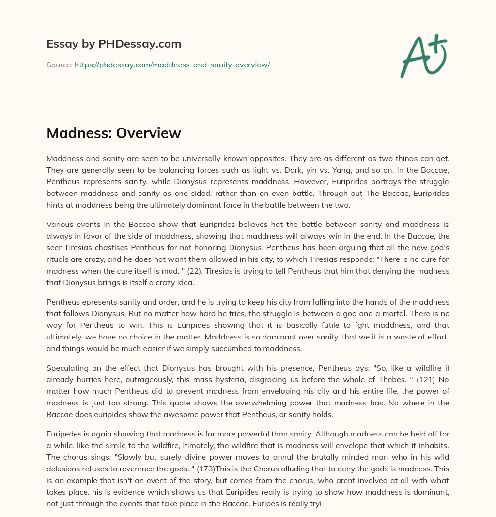 Madness vs. Sanity: Euripides’ One-Sided Portrayal in The Baccae essay