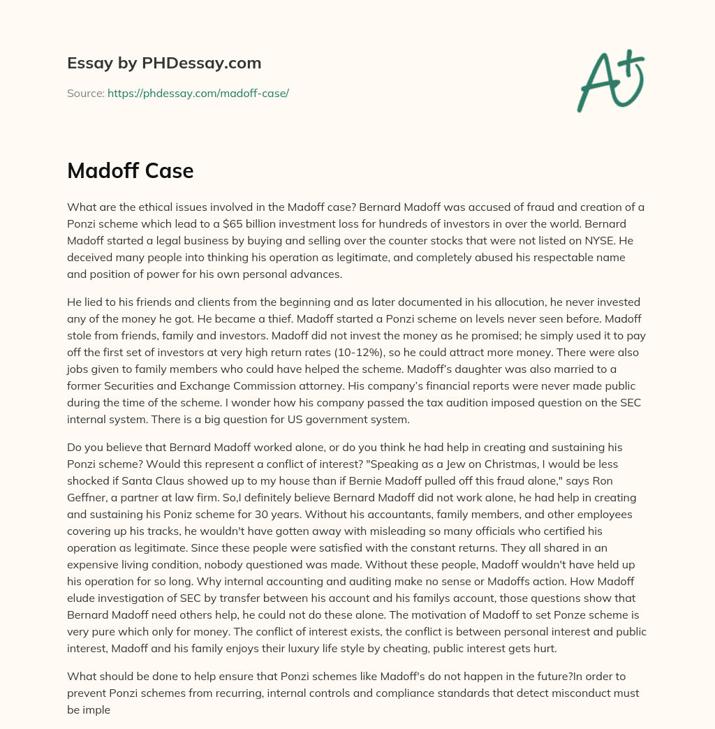 Ethical Issues in the Madoff Ponzi Scheme essay