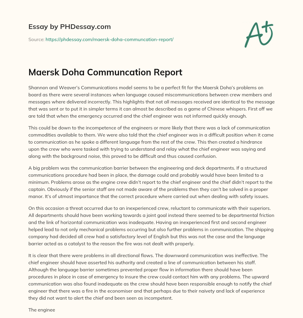 Maersk Doha Communcation Report essay