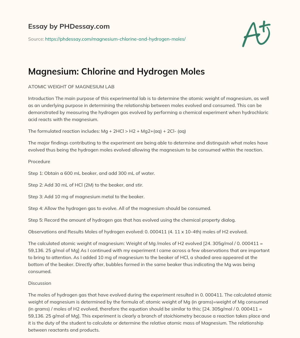 Magnesium: Chlorine and Hydrogen Moles essay