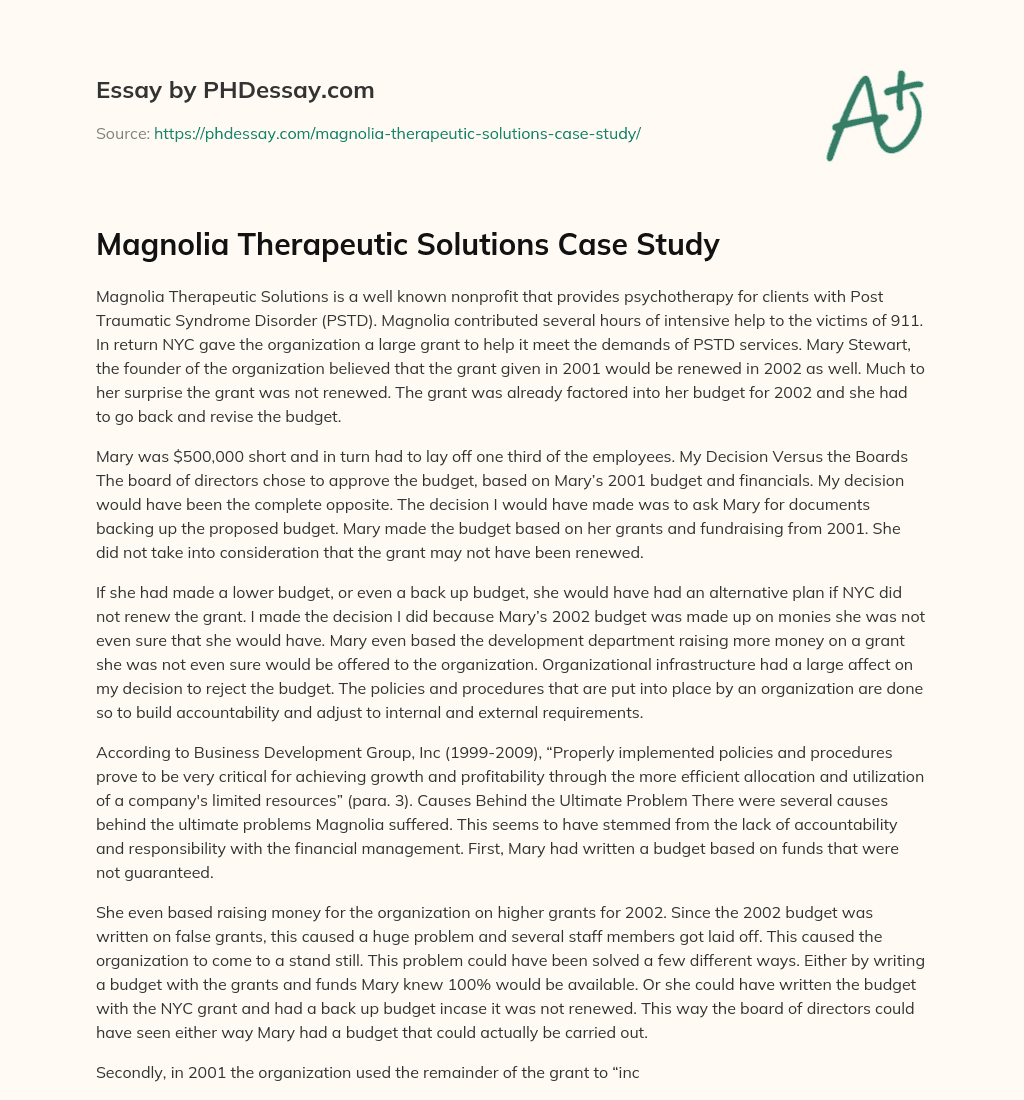 Magnolia Therapeutic Solutions Case Study essay
