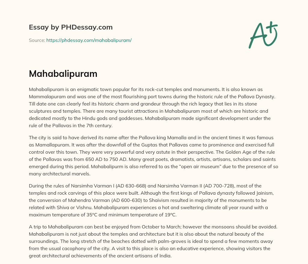 Mahabalipuram: A Historic Town with Rich Legacy of Stone Sculptures and Temples essay