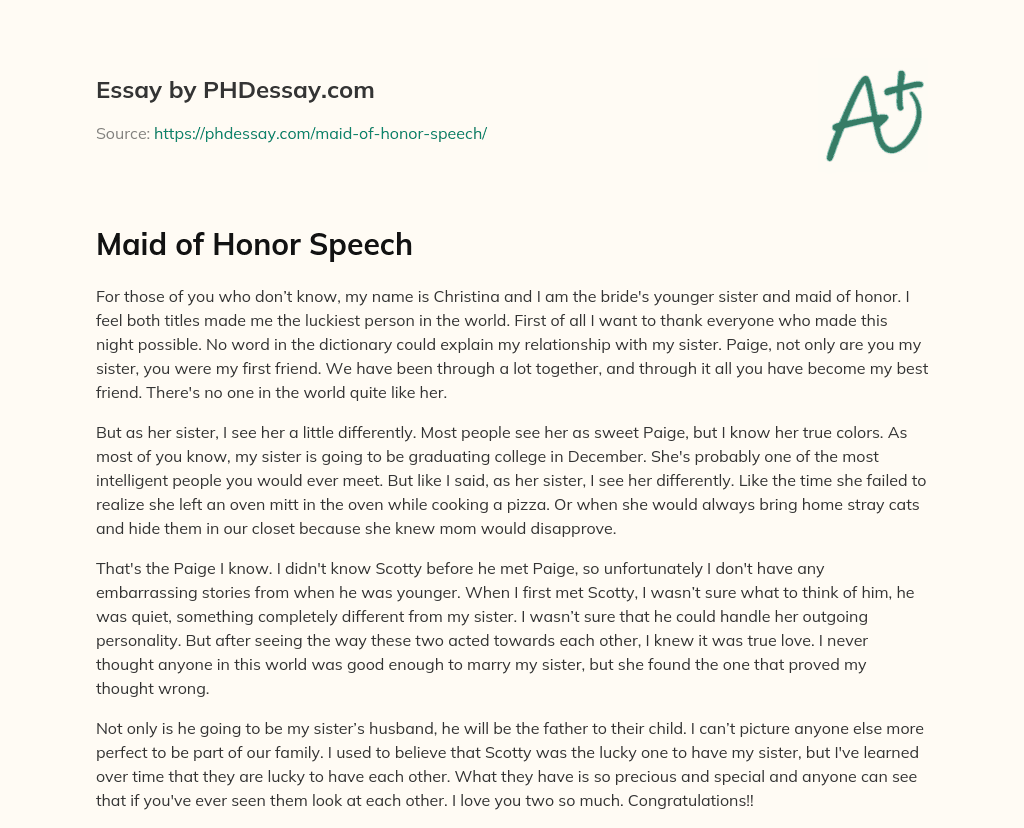 Maid of Honor Speech essay
