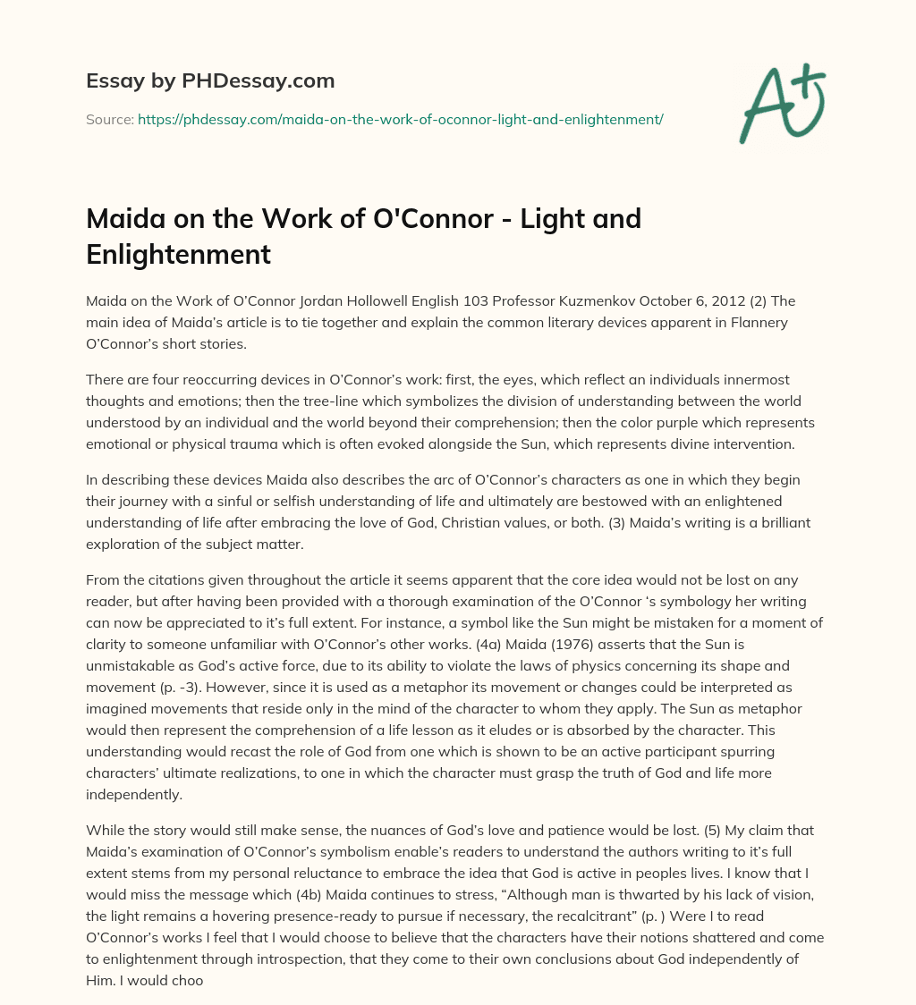 Maida on the Work of O’Connor – Light and Enlightenment essay