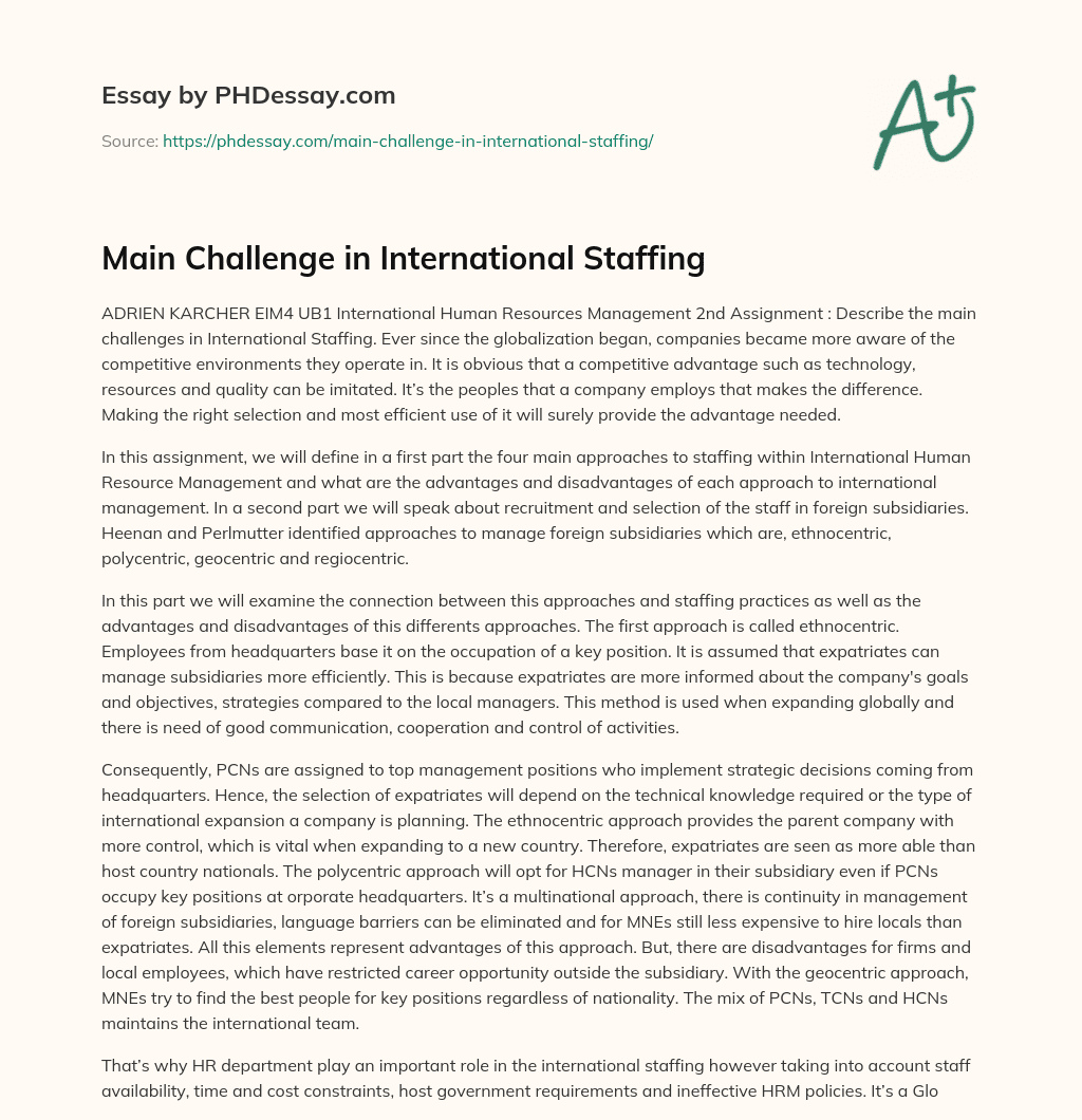 Main Challenge in International Staffing essay