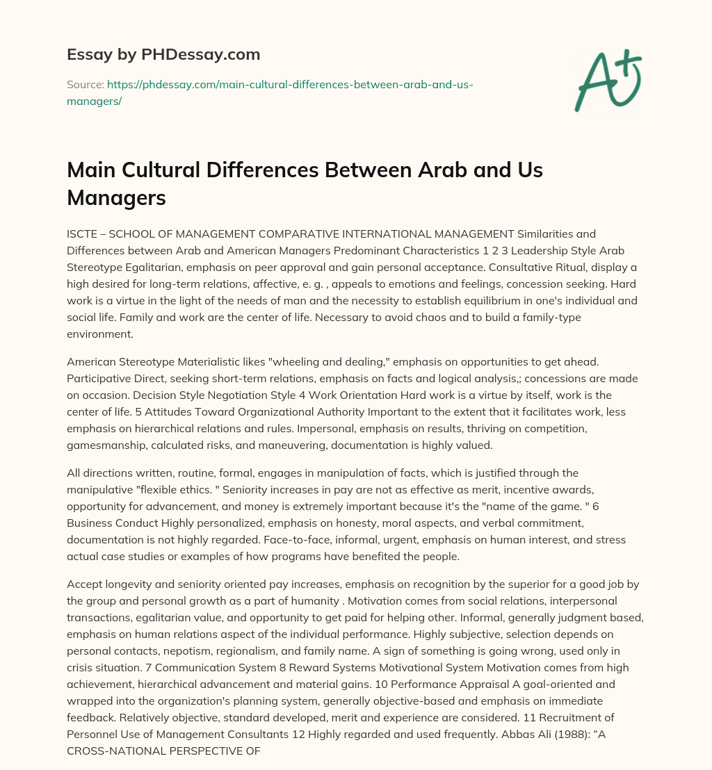 Main Cultural Differences Between Arab and Us Managers essay