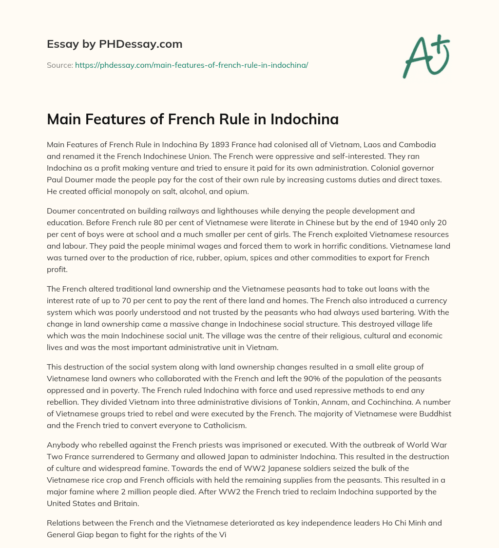 Main Features of French Rule in Indochina essay