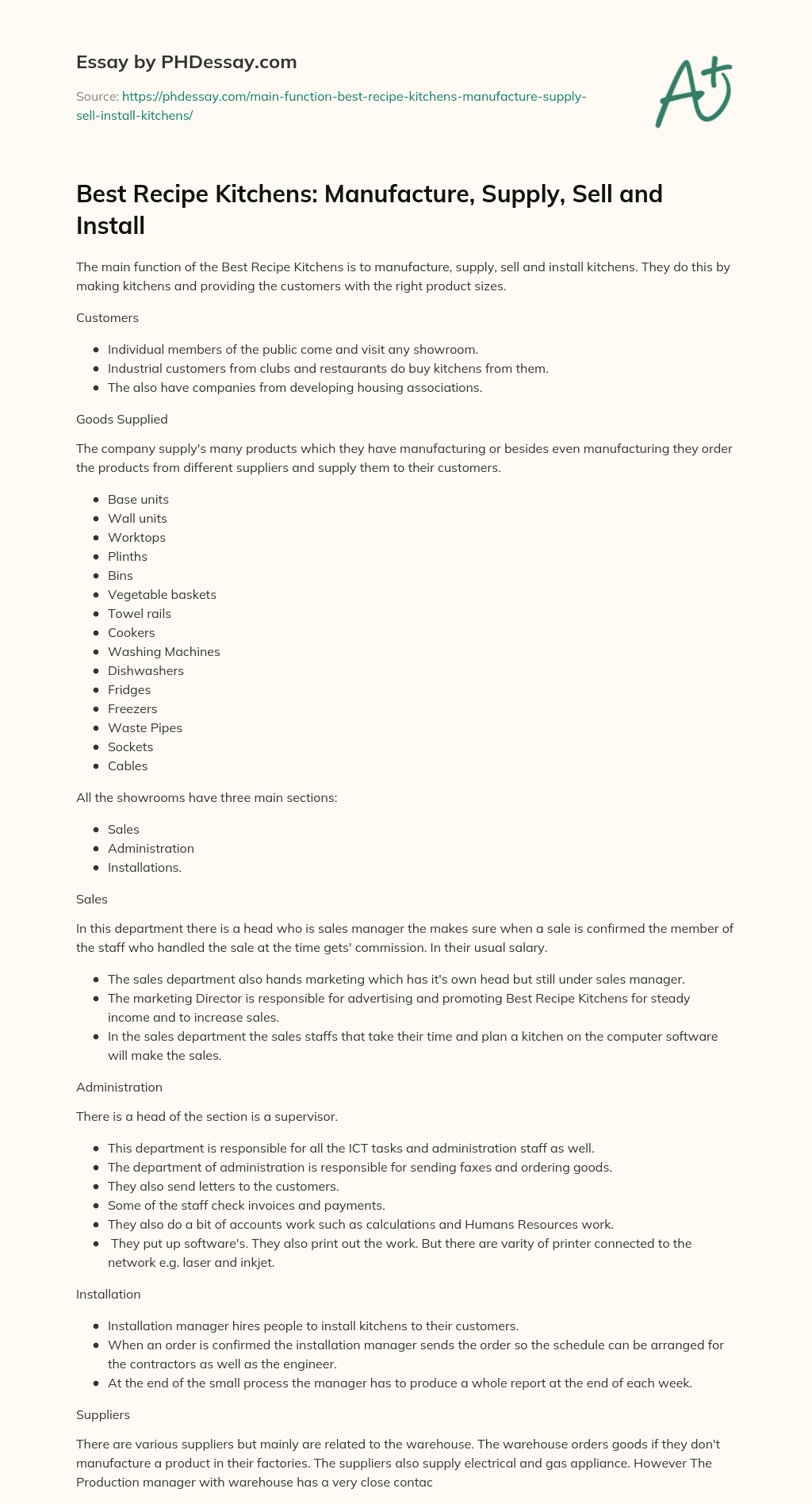 Best Recipe Kitchens: Manufacture, Supply, Sell and Install essay