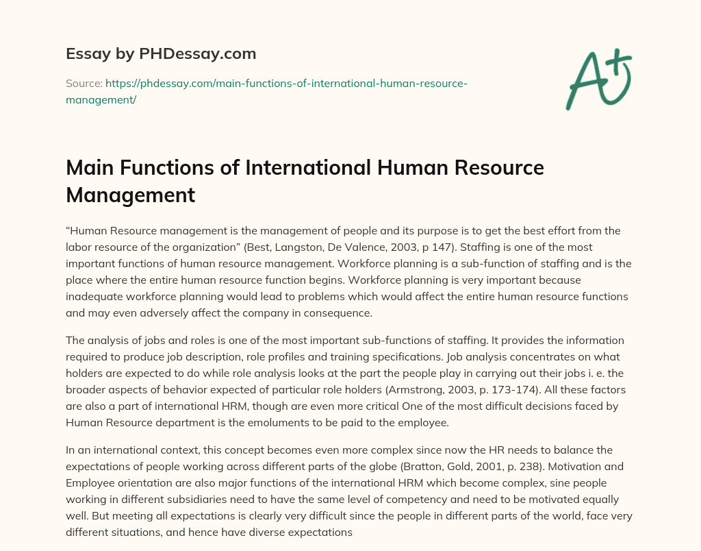 Main Functions of International Human Resource Management essay