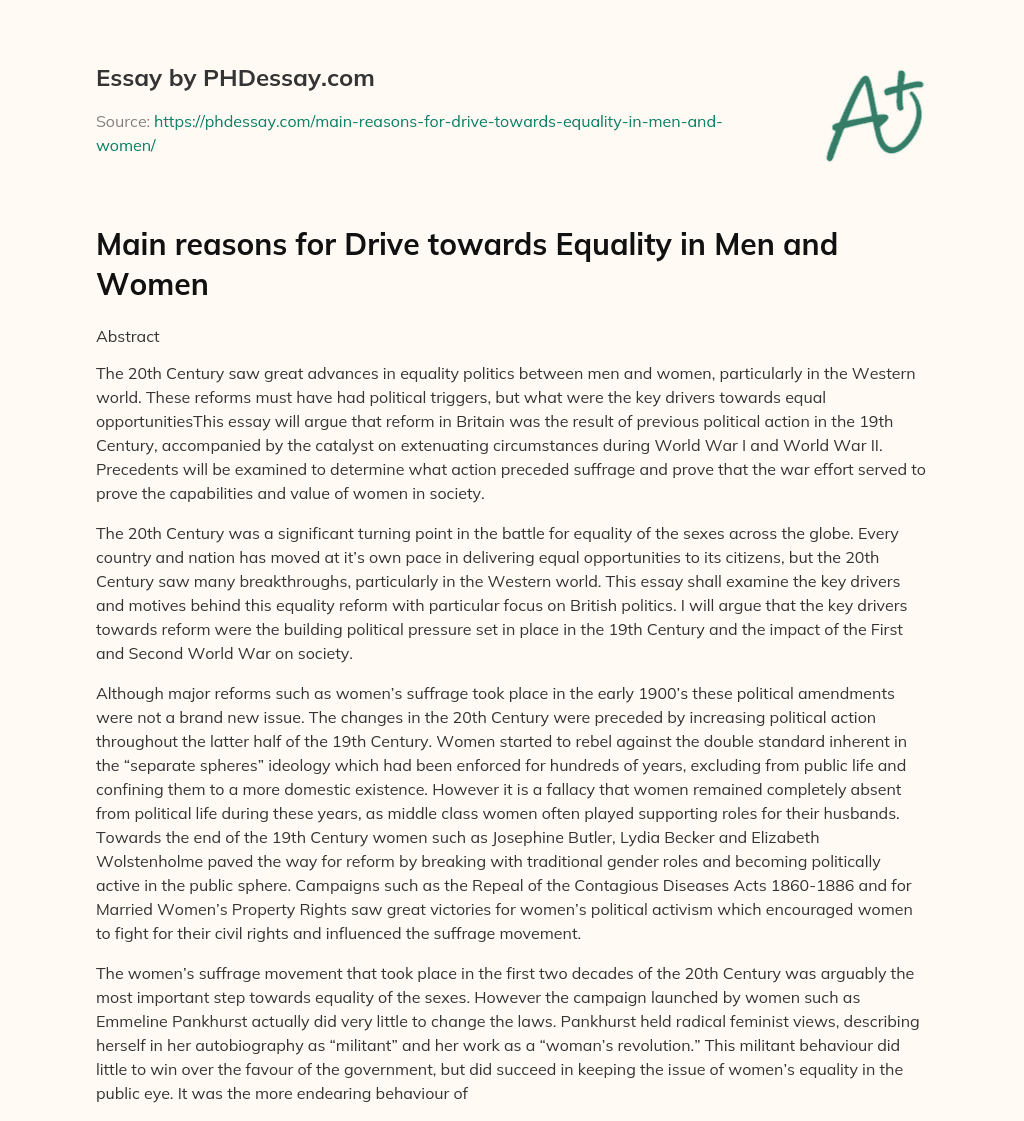 Main reasons for Drive towards Equality in Men and Women essay