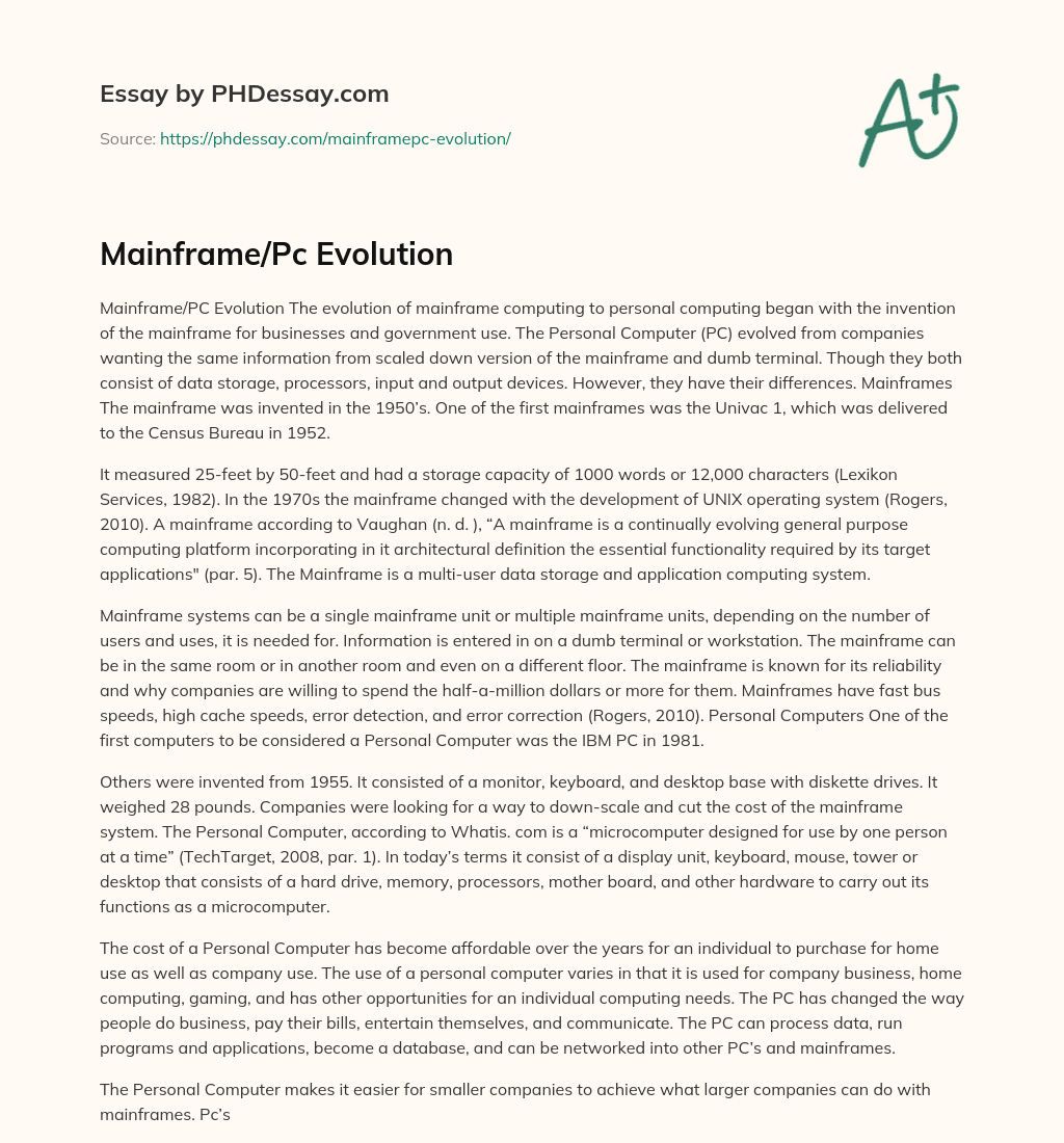 Evolution of Mainframe and Personal Computing essay