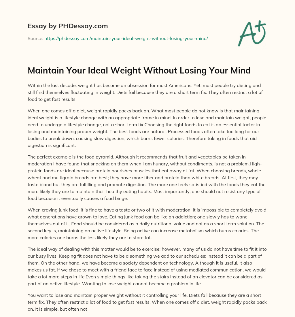 Maintain Your Ideal Weight Without Losing Your Mind essay