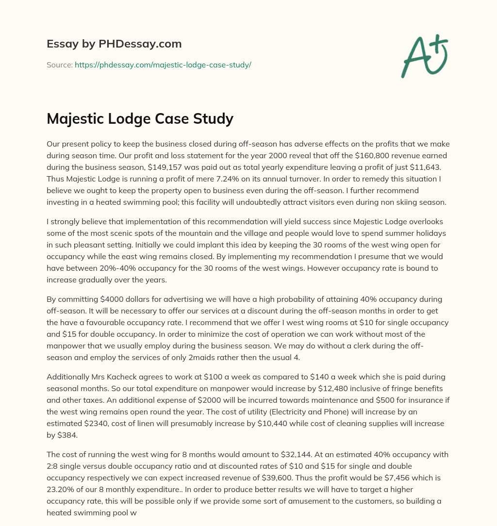 Majestic Lodge Case Study essay