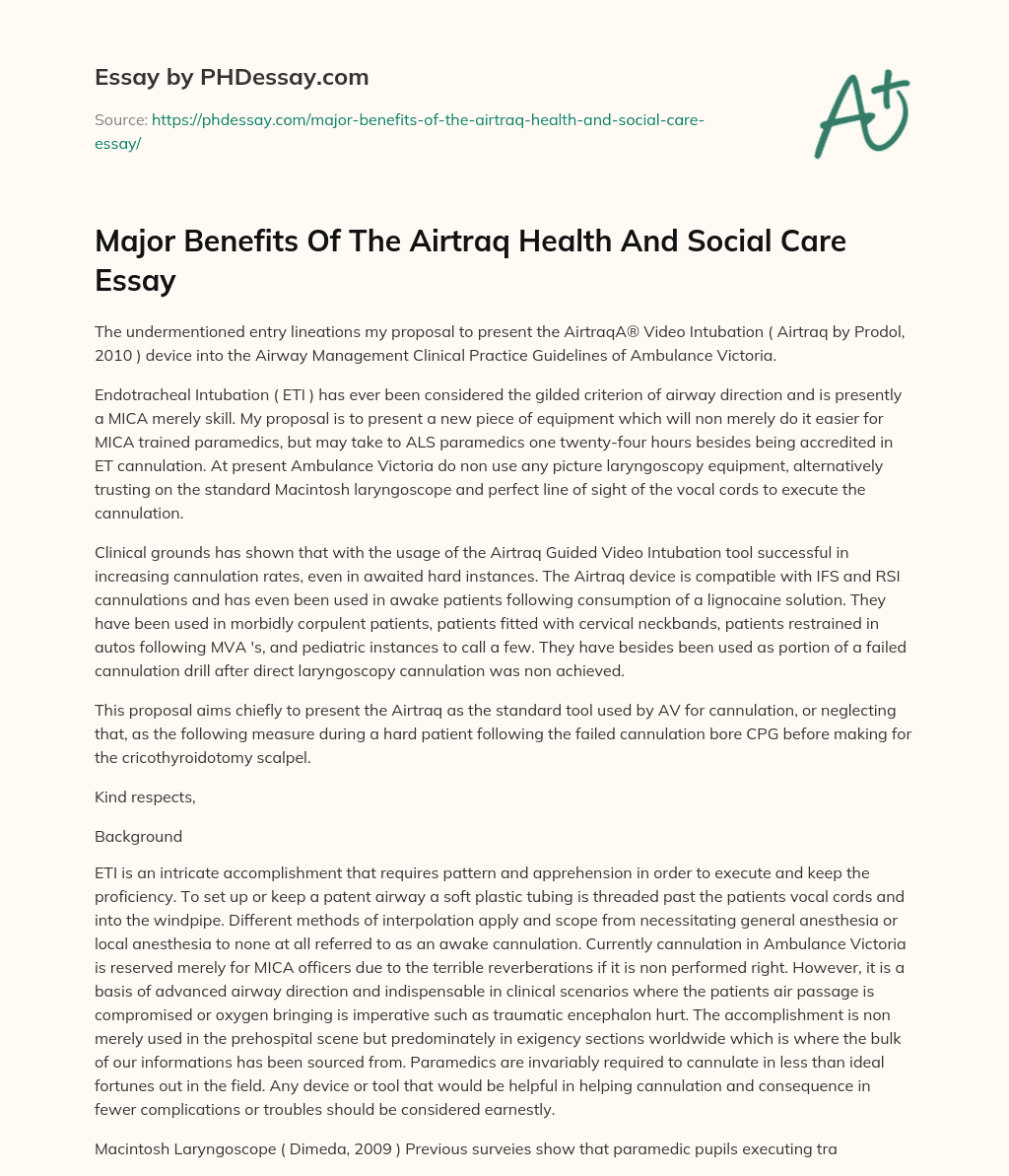 Major Benefits Of The Airtraq Health And Social Care Essay essay