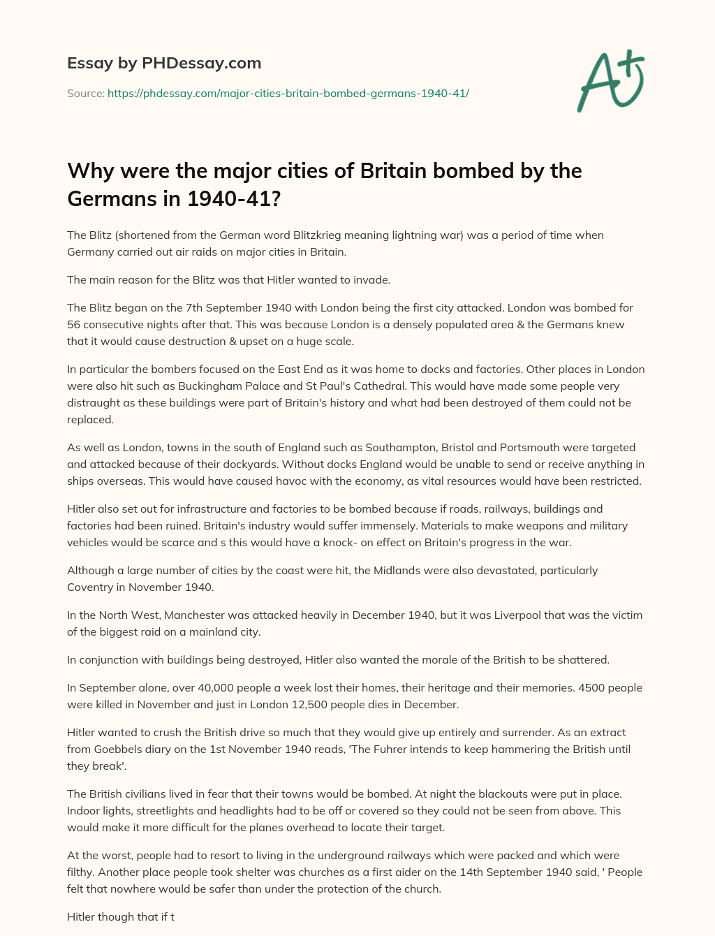 Why were the major cities of Britain bombed by the Germans in 1940-41? essay