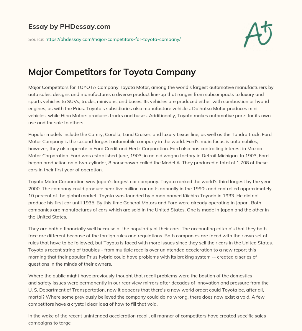 Major Competitors for Toyota Company essay