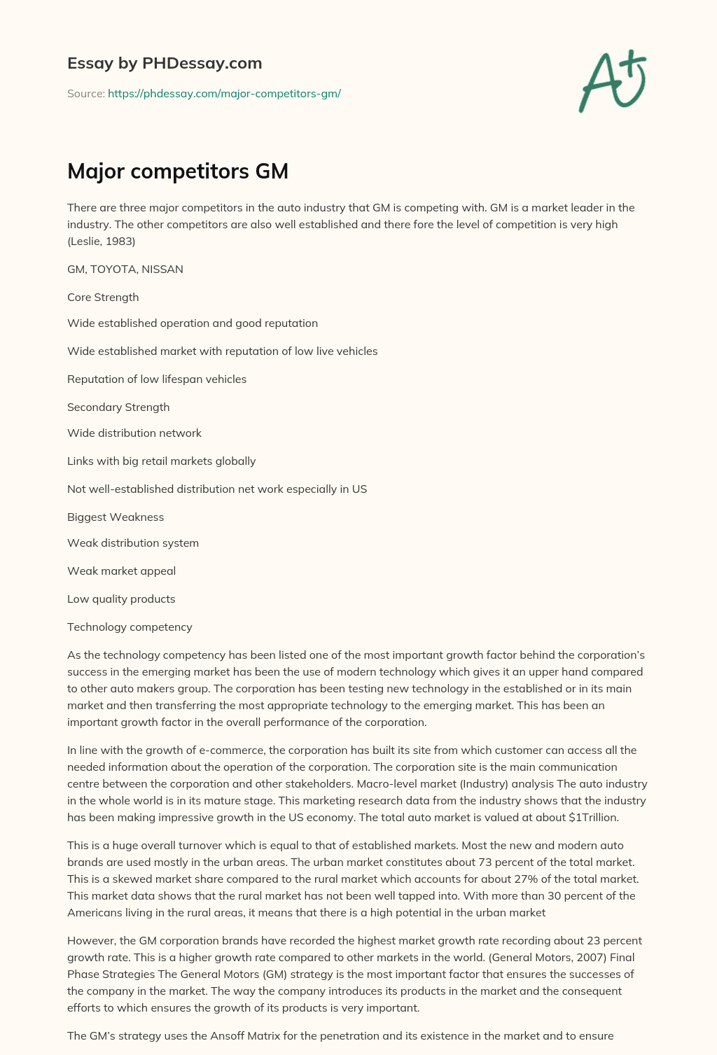 Major competitors GM essay
