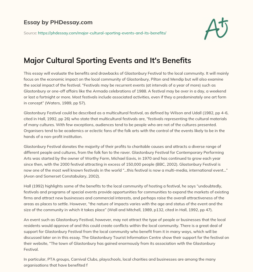 Major Cultural Sporting Events and It’s Benefits essay