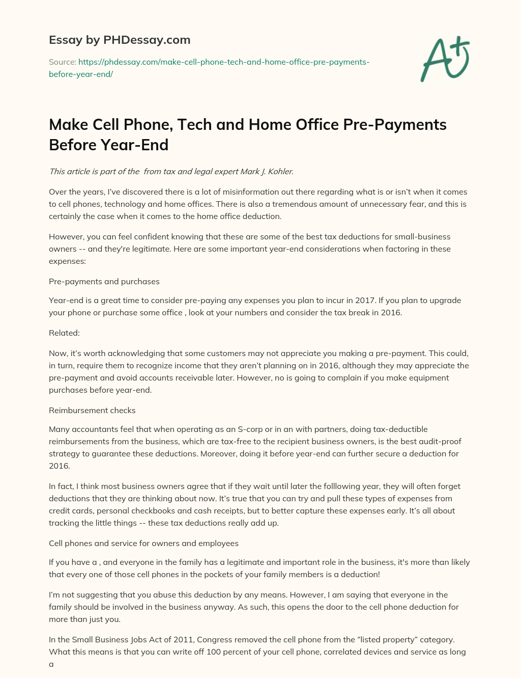 Make Cell Phone, Tech and Home Office Pre-Payments Before Year-End essay