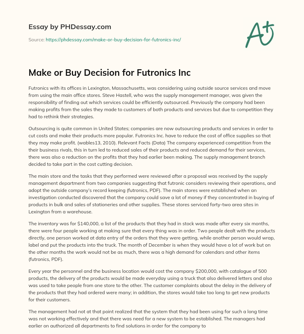 Make or Buy Decision for Futronics Inc essay
